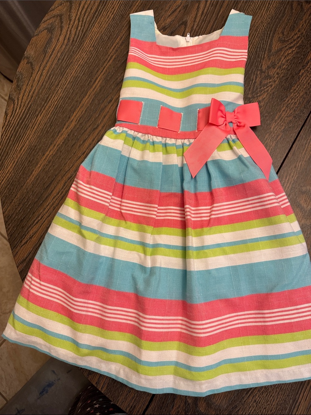 Bonnie Jean Coral, Aqua & Lime Striped Party Dress with Bow